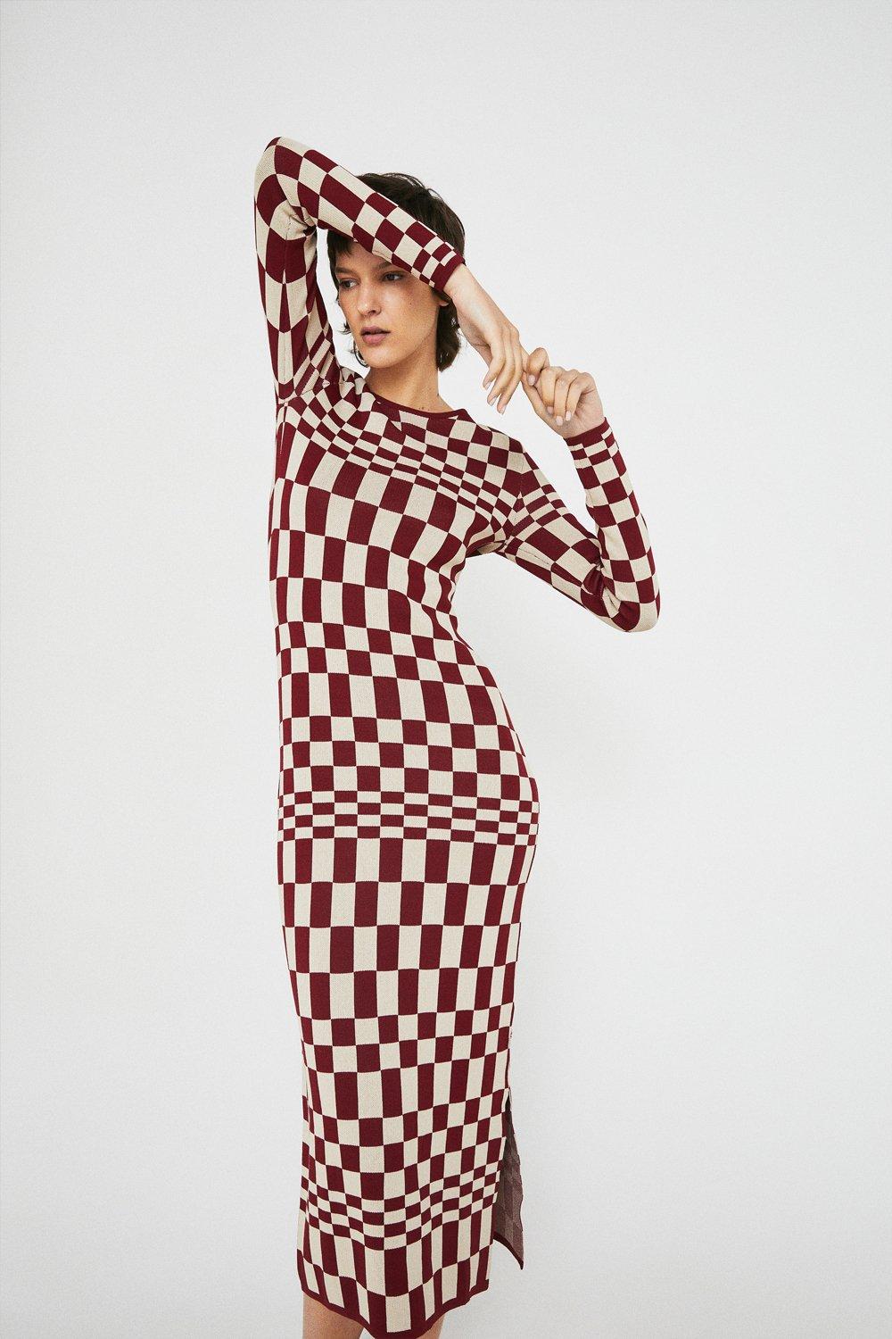 Checkerboard Knit Midi Dress | Warehouse